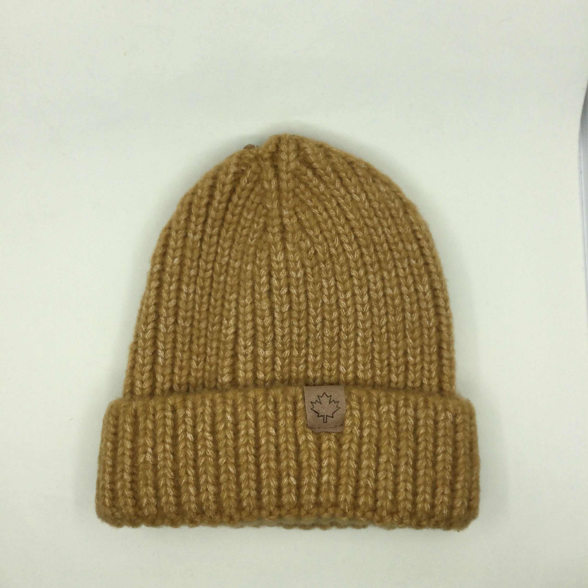 Kids Beanie with Maple Leaf Patch - Beige