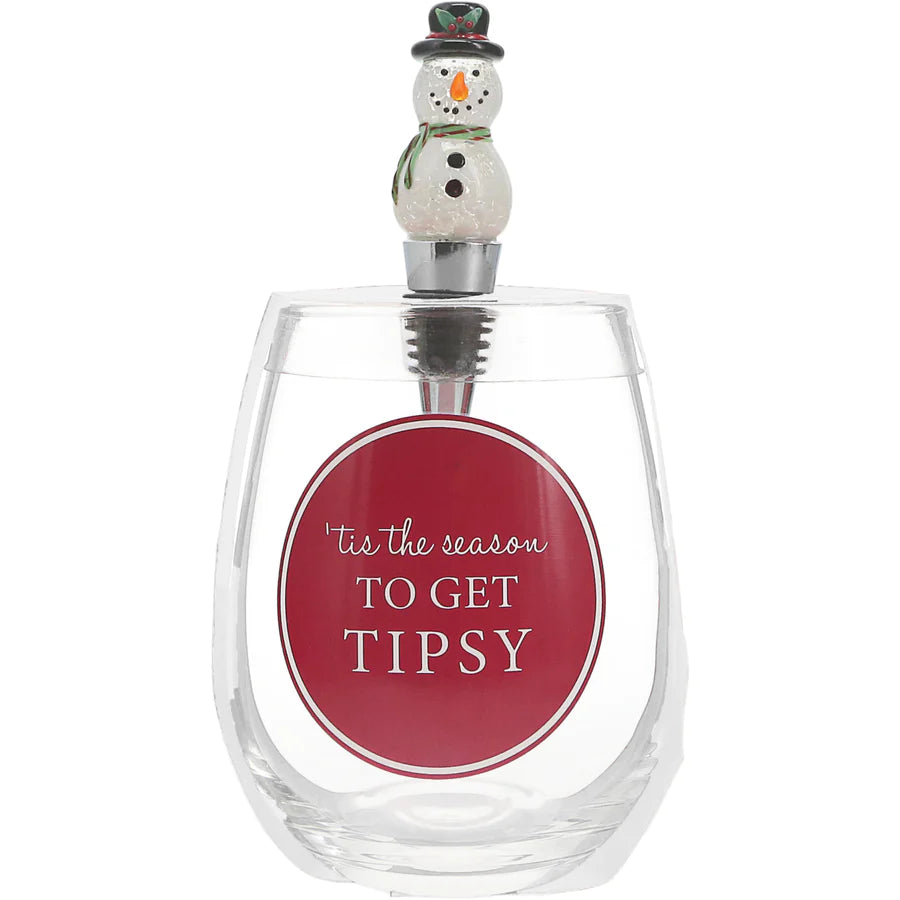 Christmas Wine Glass with Wine Stopper - 'Tis The Season To Get Tipsy