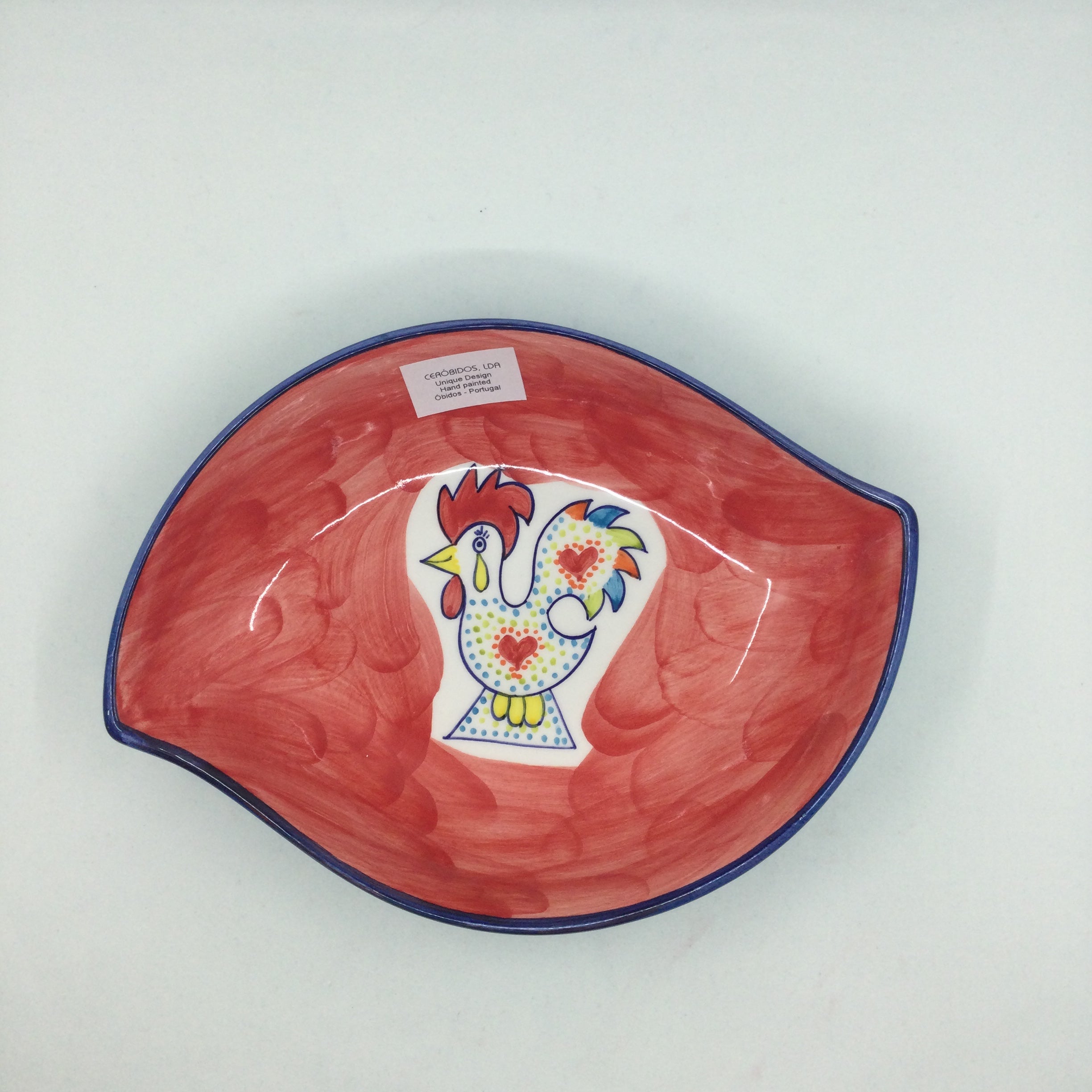 Joyful Rooster - Leaf Shaped Dish- Red Inside / Turquoise Outside