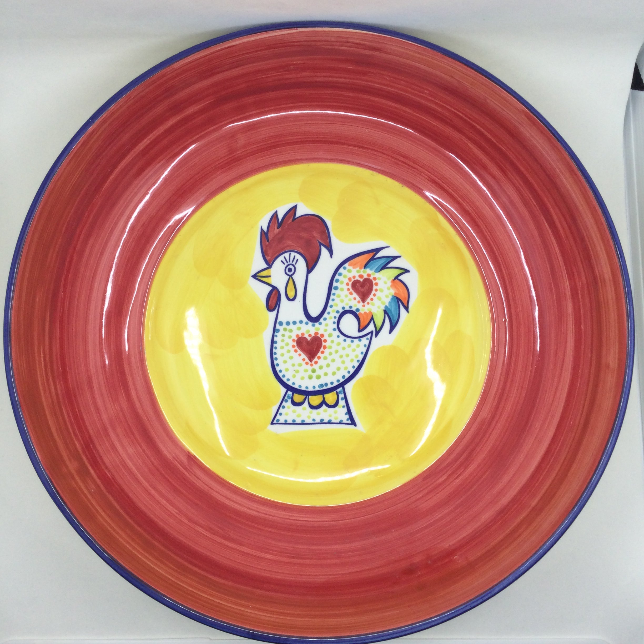 Joyful Rooster - Large Pasta Bowl - Red Edge Yellow Middle