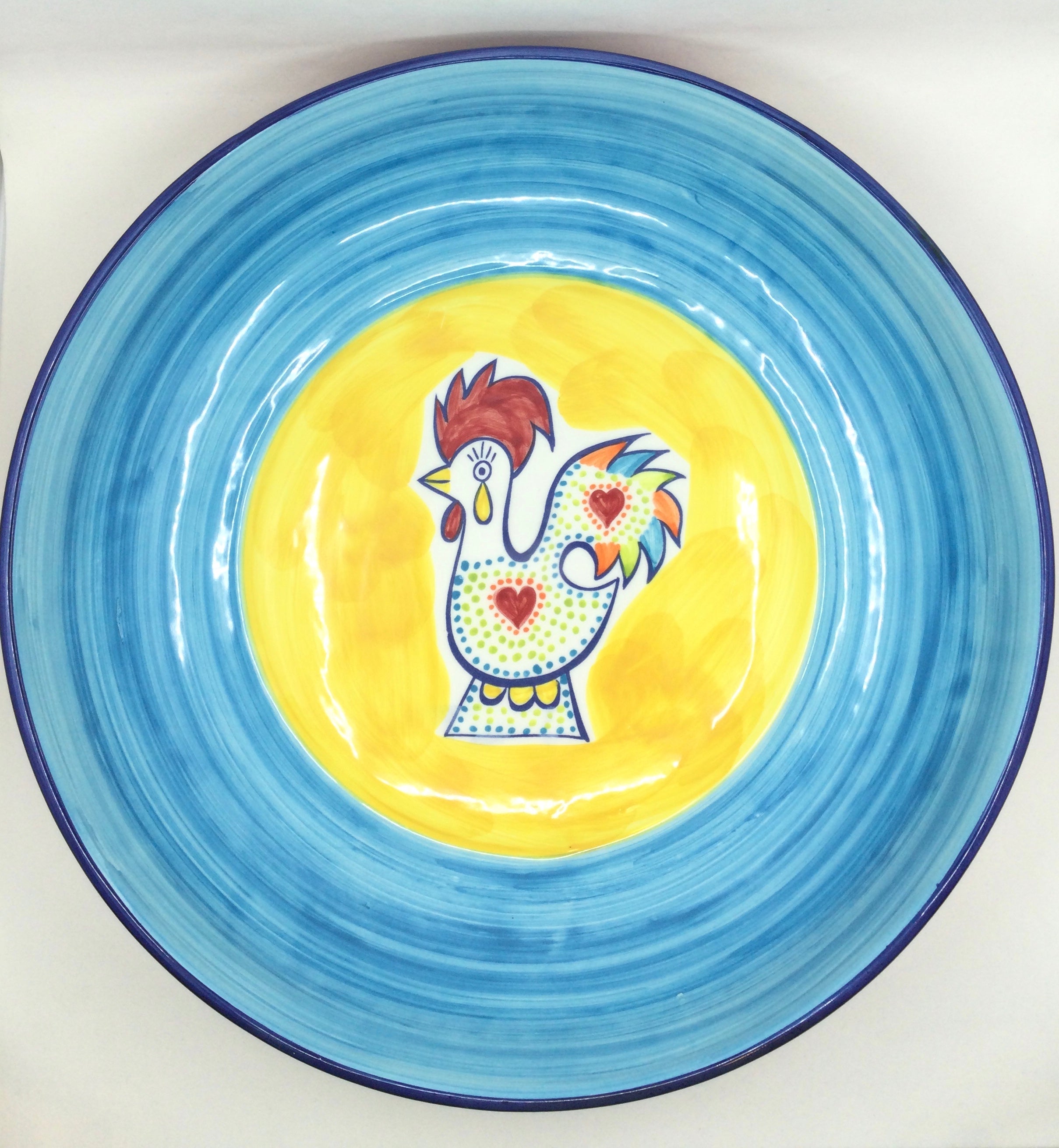 Joyful Rooster - Large Pasta Bowl - Turquoise Edge Yellow Middle