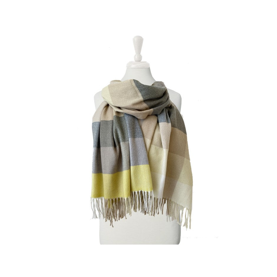 Large & Soft Plaid Pattern Scarf - Grey/Beige/Yellow