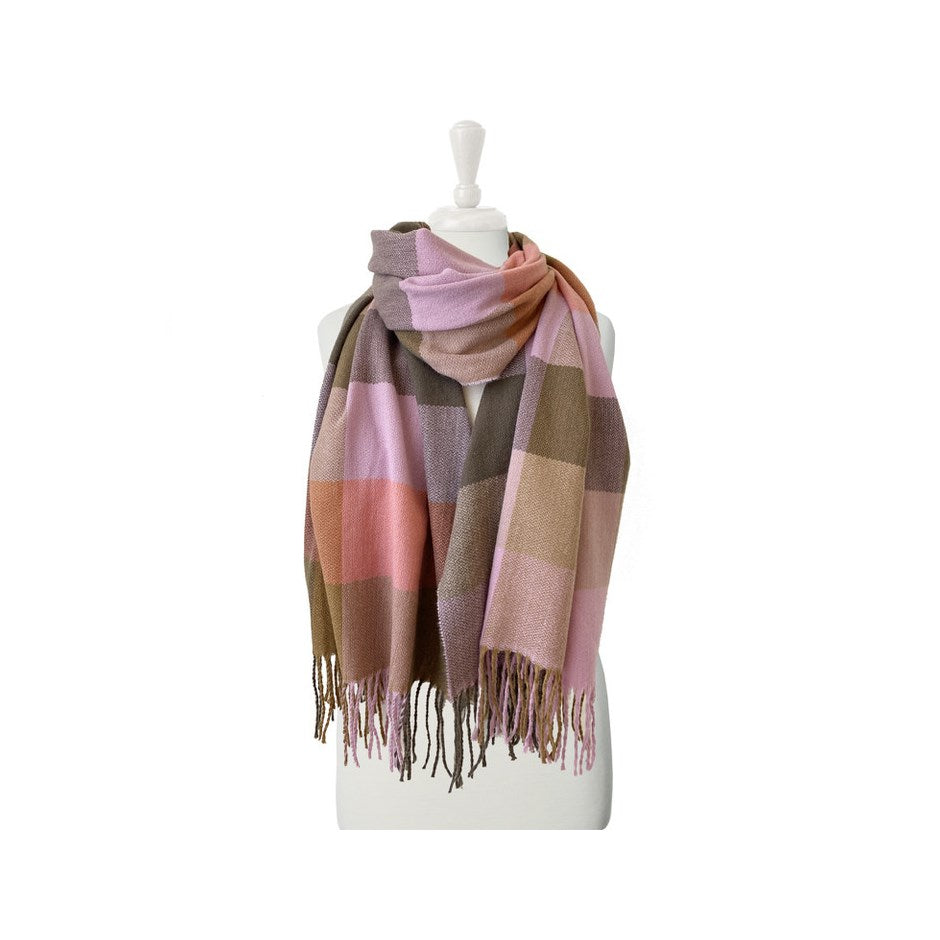 Large & Soft Plaid Pattern Scarf - Melon/Pink/Taupe