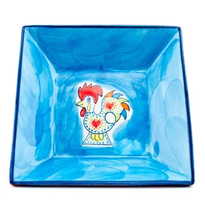Joyful Rooster - Small Square Serving Dish - Orange / Turquoise Inside