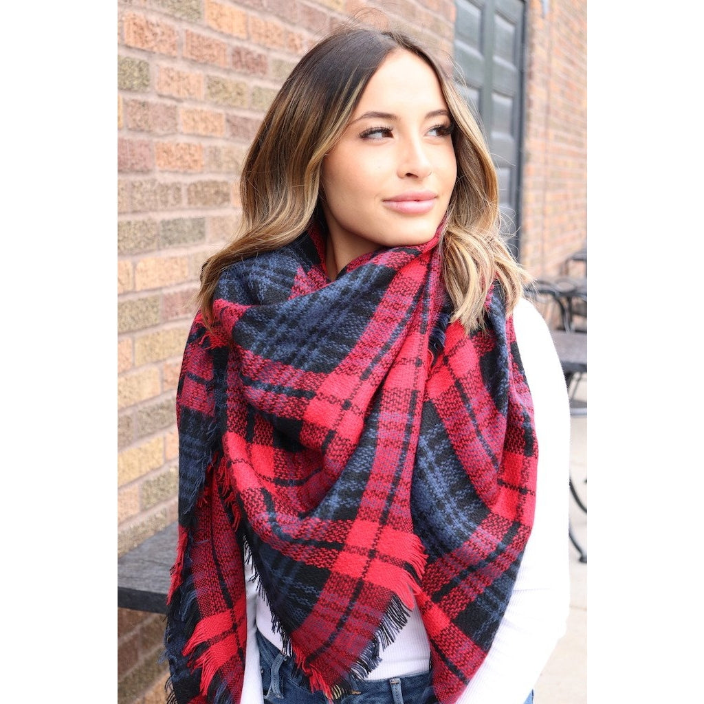 Navy and Red Plaid Blanket Scarf