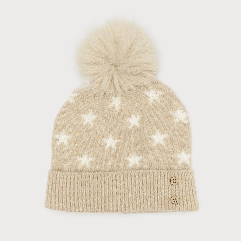 Star Pattern Toque with Pom-Pom