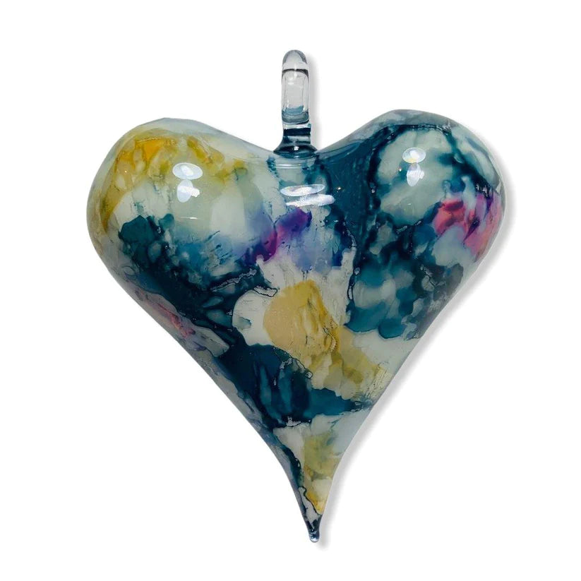 Blown Glass Heart Ornament - Multicoloured Blue