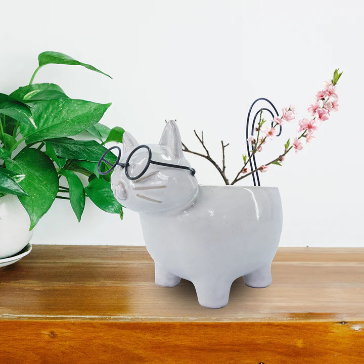 Ceramic Cat Planters Wearing Glasses