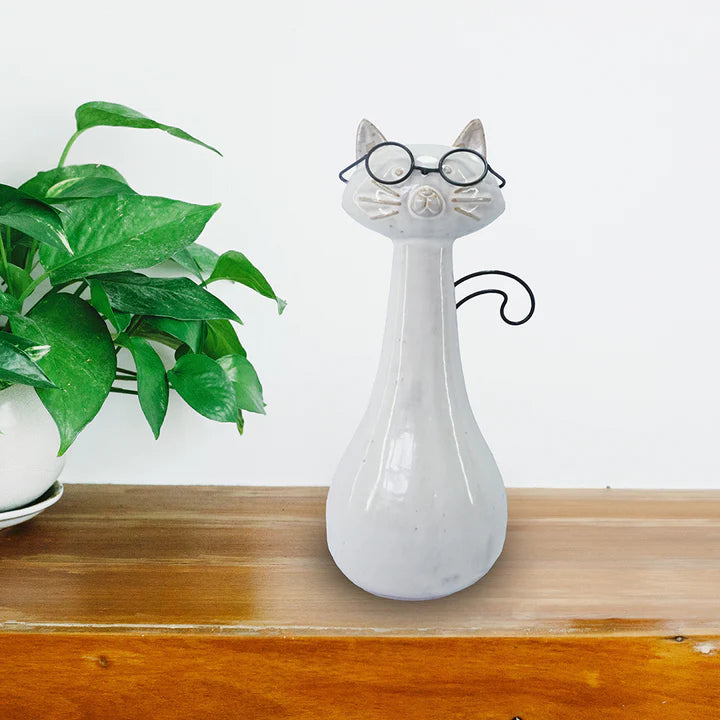 Ceramic Cat Statue Wearing Glasses