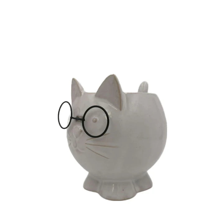 Ceramic Cat Planters Wearing Glasses
