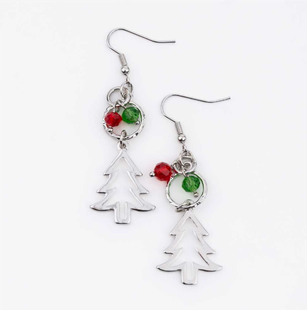 Earrings - Silver Beaded Pine Tree