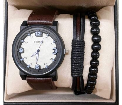 Men's Gift Set - Men's Watch and Beaded Bracelet - Dark Brown