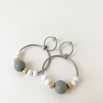 Double Ring Earrings with Wood & Metal Beads