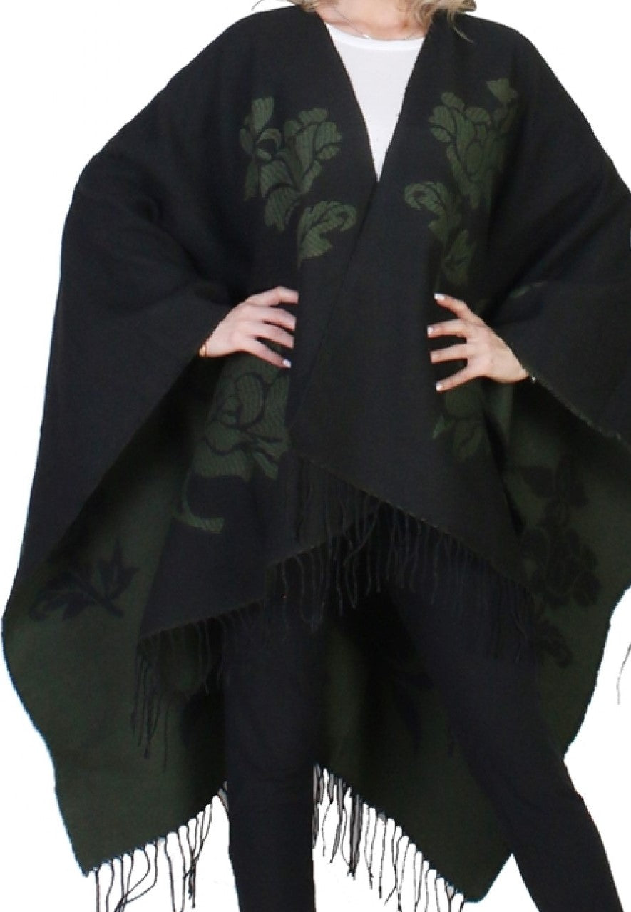 Two Tone Flower Print Cape with Fringe - Black and Green