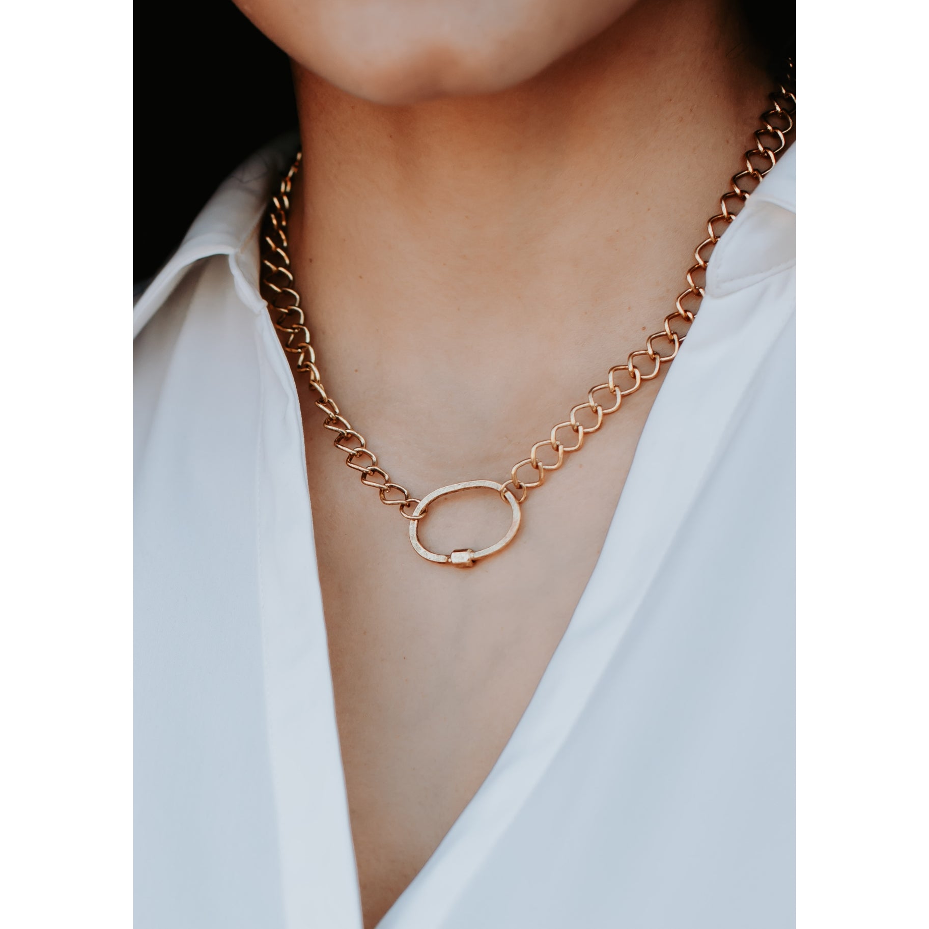 Gold Chain Link Necklace with Oval Pendant