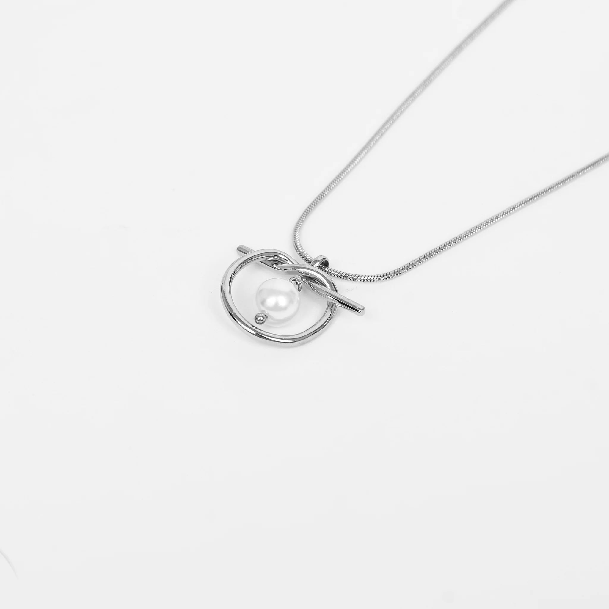 Stainless Steel Pearl & Ring on Long Chain Necklace